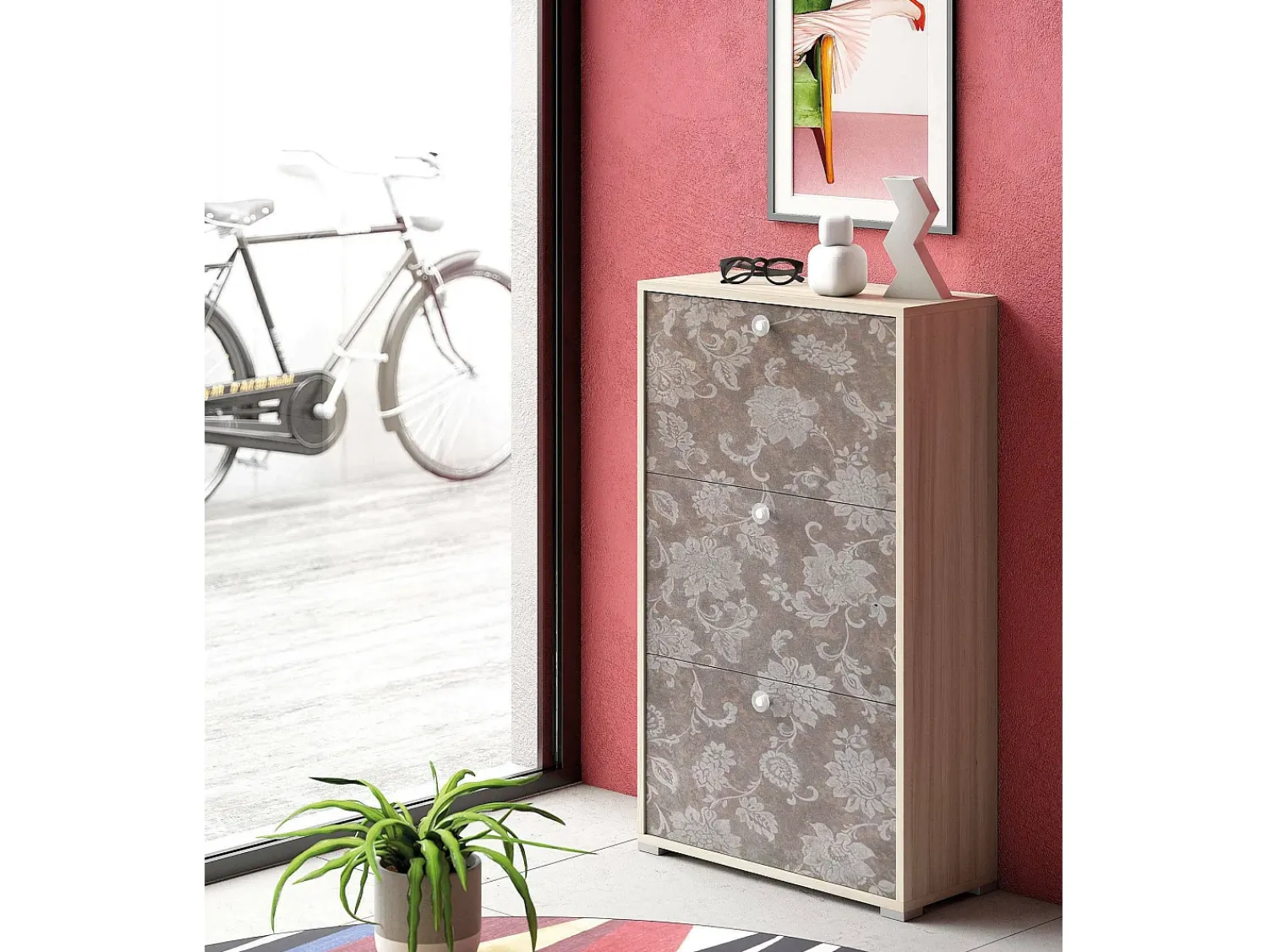 Móvel De Arrumação|Sapateira*Dmora Sapateira Dlos, Móvel de entrada multiuso com 3 portas sanfonadas, Sapateira de dupla profundidade, 100% Fabricado na Itália, 67x28h112 cm, Olmo e estampado Castanho