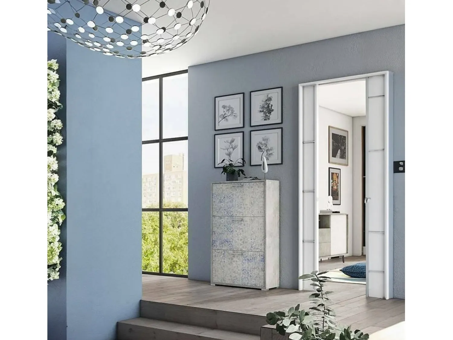 Móvel De Arrumação|Sapateira*Dmora Sapateira Dlos, móvel de entrada multiuso com 3 portas sanfonadas, sapateira de dupla profundidade, 100% Fabricado na Itália, 67x28h112 cm, Cimento e Azul Claro Cinzento