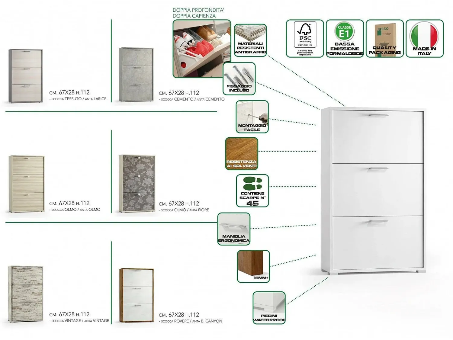 Móvel De Arrumação|Sapateira*Dmora Sapateira Dlos, móvel de entrada multiuso com 3 portas sanfonadas, sapateira de dupla profundidade, 100% Fabricado na Itália, 67x28h112 cm, e Cimento Branco