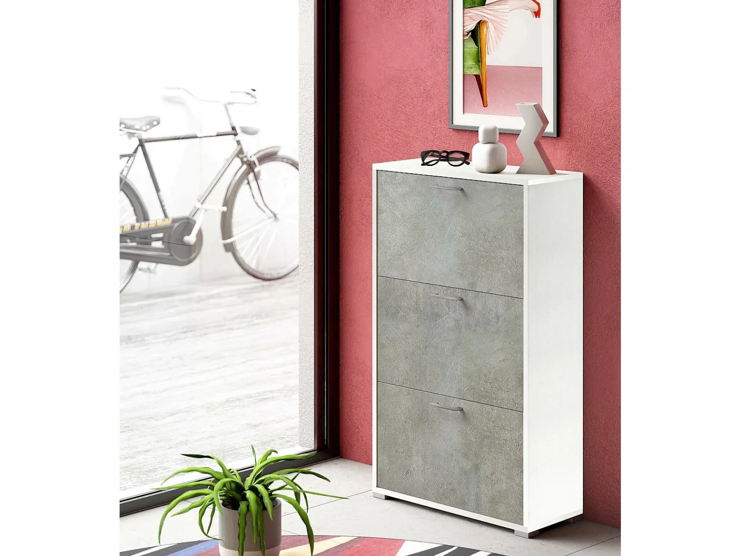 Móvel De Arrumação|Sapateira*Dmora Sapateira Dlos, móvel de entrada multiuso com 3 portas sanfonadas, sapateira de dupla profundidade, 100% Fabricado na Itália, 67x28h112 cm, e Cimento Branco