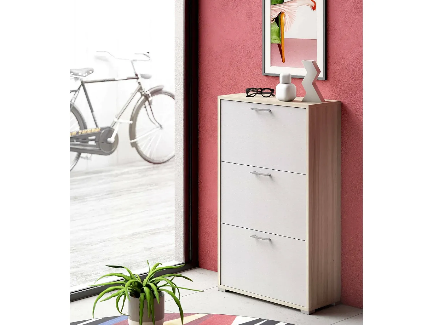 Móvel De Arrumação|Sapateira*Dmora Sapateira Dlos, móvel de entrada polivalente com 3 portas sanfonadas, sapateira de dupla profundidade, 100% Fabricado na Itália, 67x28h112 cm, e Olmo Branco