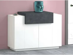 New Dmora Sapateira Dlucc, armário multiuso com 2 portas e 1 porta sanfonada, sapateira de entrada, 100% Fabricado na Itália, 120x45h86 cm, brilhante e ardósia Branco