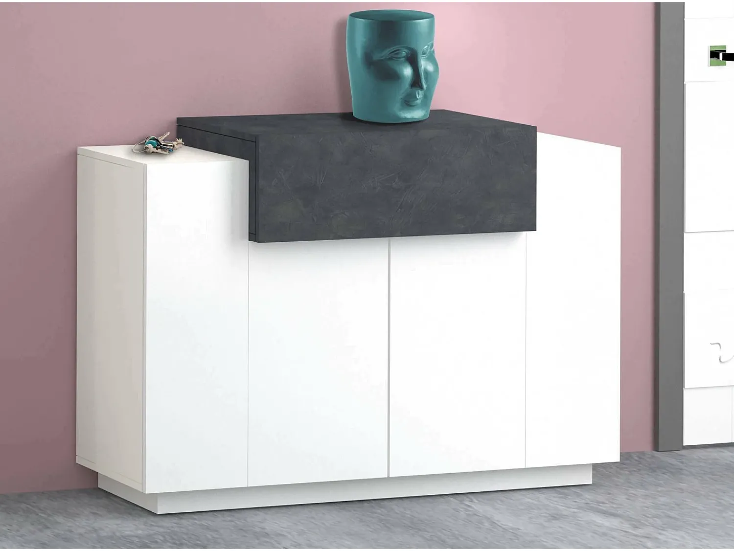 New Dmora Sapateira Dlucc, armário multiuso com 2 portas e 1 porta sanfonada, sapateira de entrada, 100% Fabricado na Itália, 120x45h86 cm, brilhante e ardósia Branco