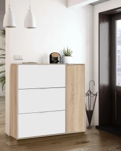 Móvel De Arrumação|Sapateira*Dmora Sapateira Dmagnino, sapateira 4 portas, armário baixo multiuso com 5 prateleiras, sapateira moderna, 106x22h115 cm, Carvalho e Branco Castanho