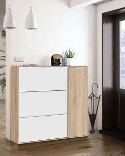 Móvel De Arrumação|Sapateira*Dmora Sapateira Dmagnino, sapateira 4 portas, armário baixo multiuso com 5 prateleiras, sapateira moderna, 106x22h115 cm, Carvalho e Branco Castanho