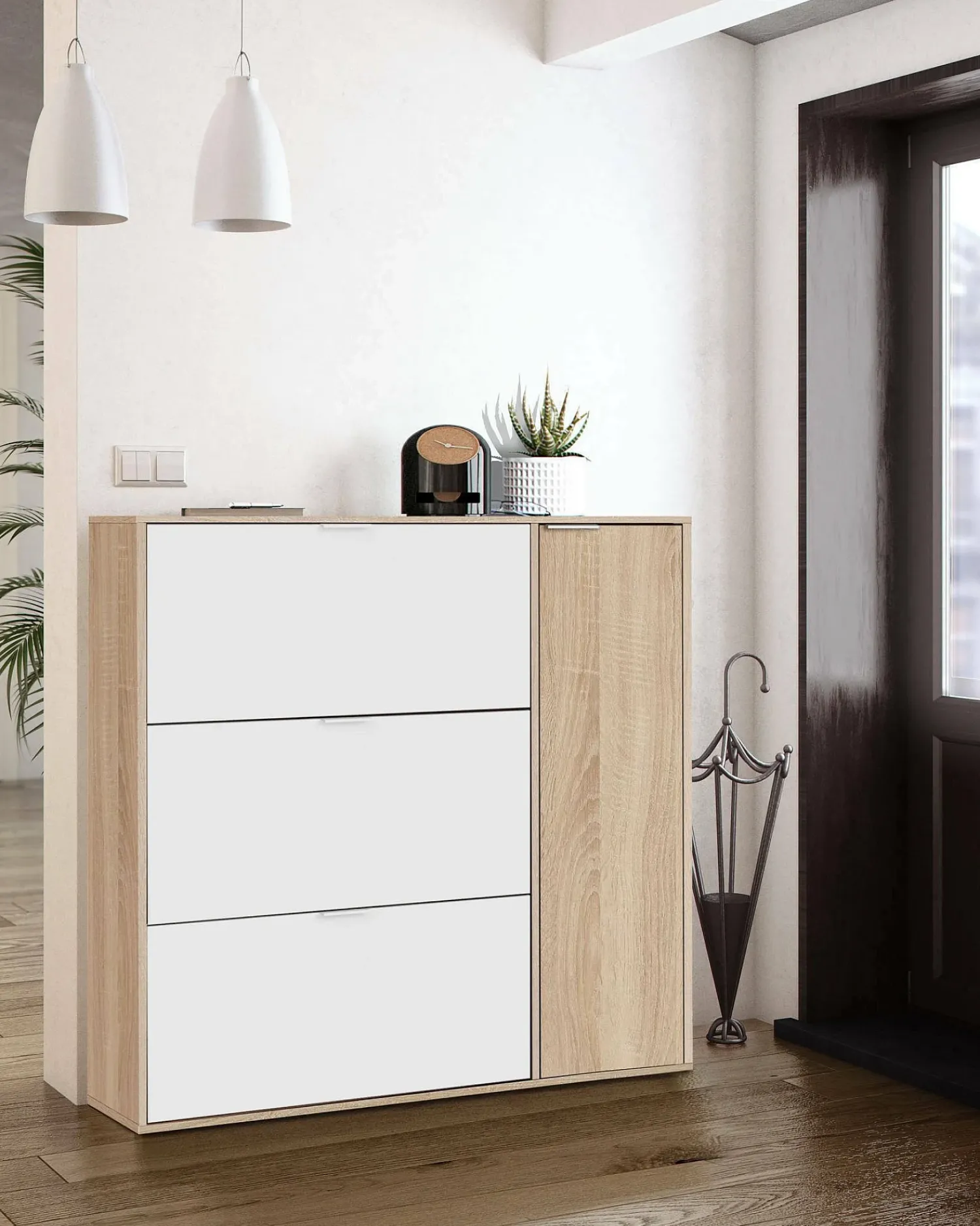 Móvel De Arrumação|Sapateira*Dmora Sapateira Dmagnino, sapateira 4 portas, armário baixo multiuso com 5 prateleiras, sapateira moderna, 106x22h115 cm, Carvalho e Branco Castanho