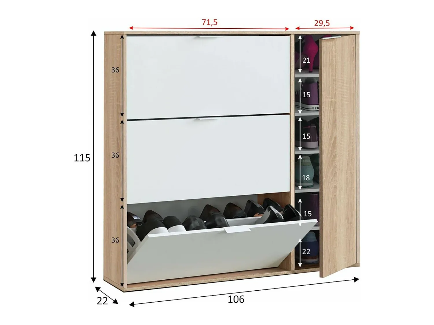 Móvel De Arrumação|Sapateira*Dmora Sapateira Dmagnino, sapateira 4 portas, armário baixo multiuso com 5 prateleiras, sapateira moderna, 106x22h115 cm, Carvalho e Branco Castanho