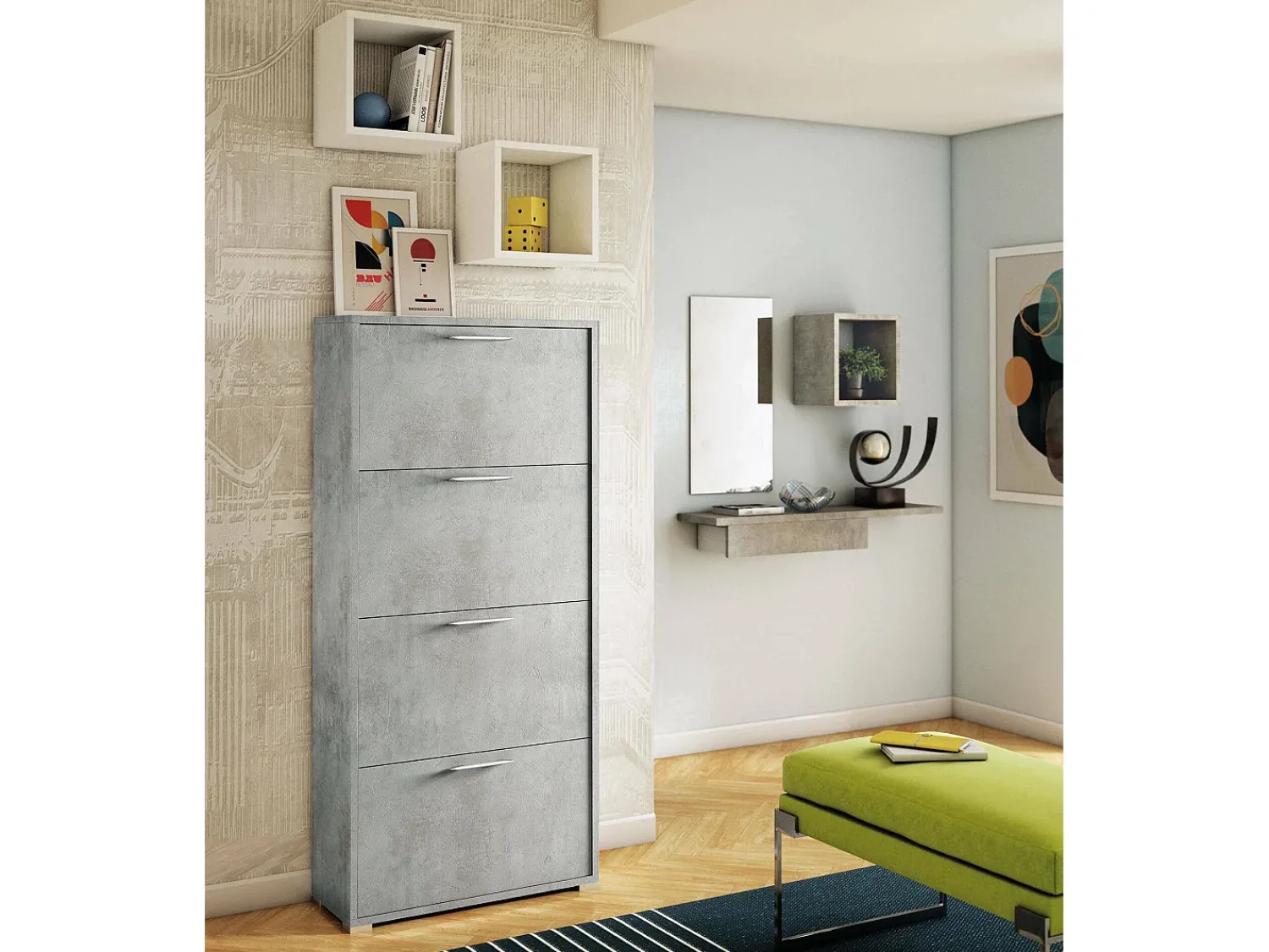 Dmora Sapateira Dmarcat, móvel de entrada multiuso com 4 portas sanfonadas, sapateira de dupla profundidade, 100% Fabricado na Itália, 67x28h147 cm, Cimento^ Móvel De Arrumação|Sapateira