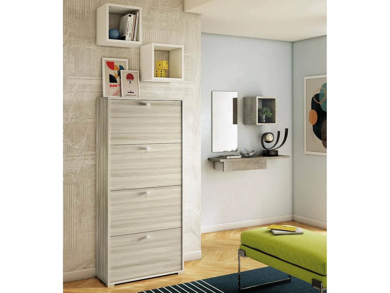 Discount Dmora Sapateira Dmarcat, móvel de entrada multiuso com 4 portas sanfonadas, sapateira de dupla profundidade, 100% Fabricado na Itália, 67x28h147 cm, Olmo Castanho