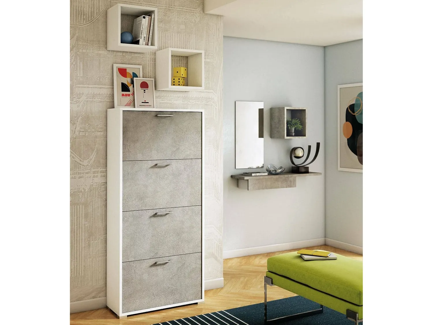Móvel De Arrumação|Sapateira|Dmora Sapateira Dmarcat, móvel de entrada multiuso com 4 portas sanfonadas, sapateira de dupla profundidade, 100% Fabricado na Itália, 67x28h147 cm, e Cimento Branco