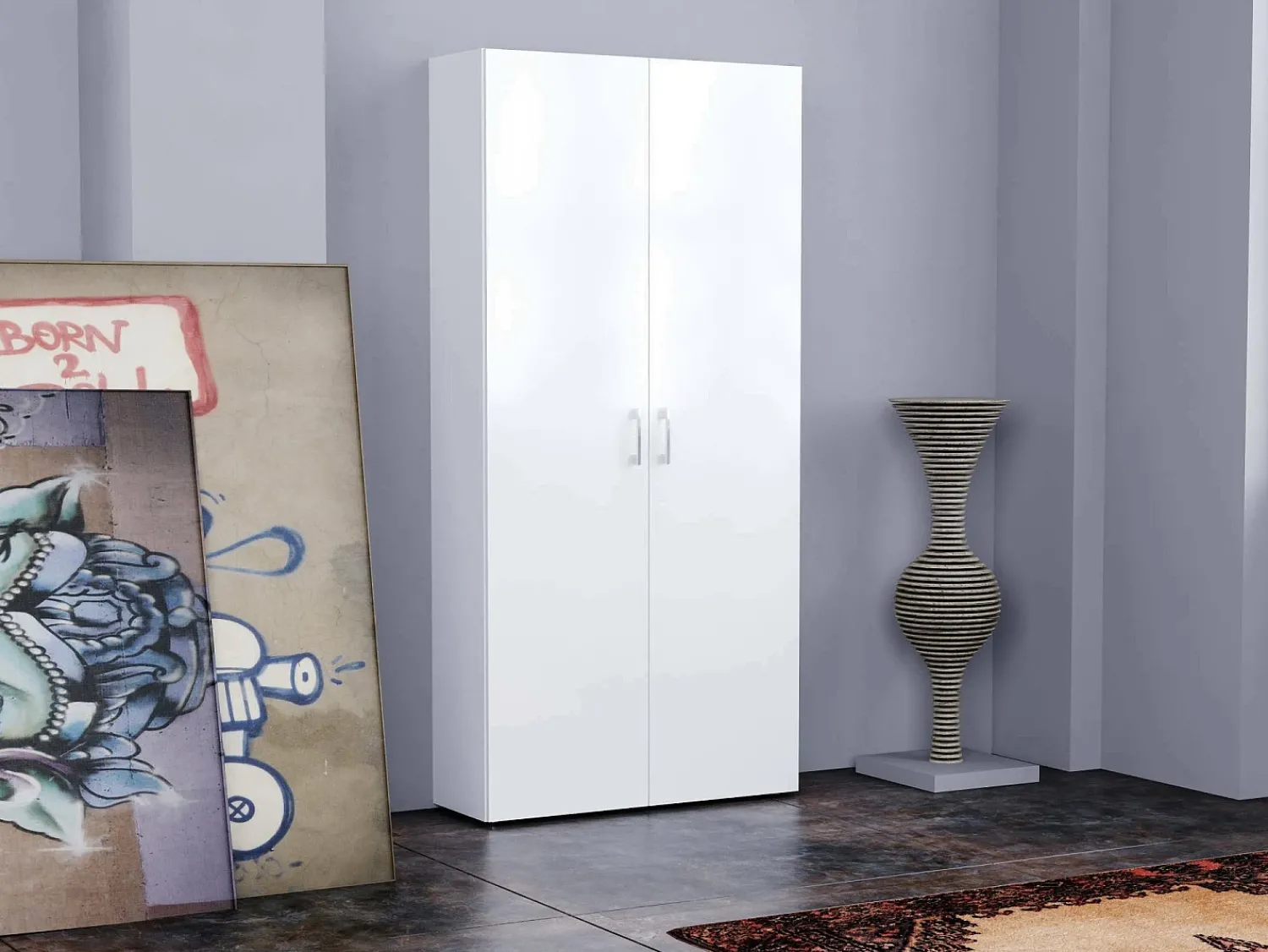 New Dmora Sapateira Dmelus, Armário multiuso com 2 portas e prateleiras internas, Sapateira de entrada, 100% Fabricado na Itália, 91x33h190 cm, brilhante Branco