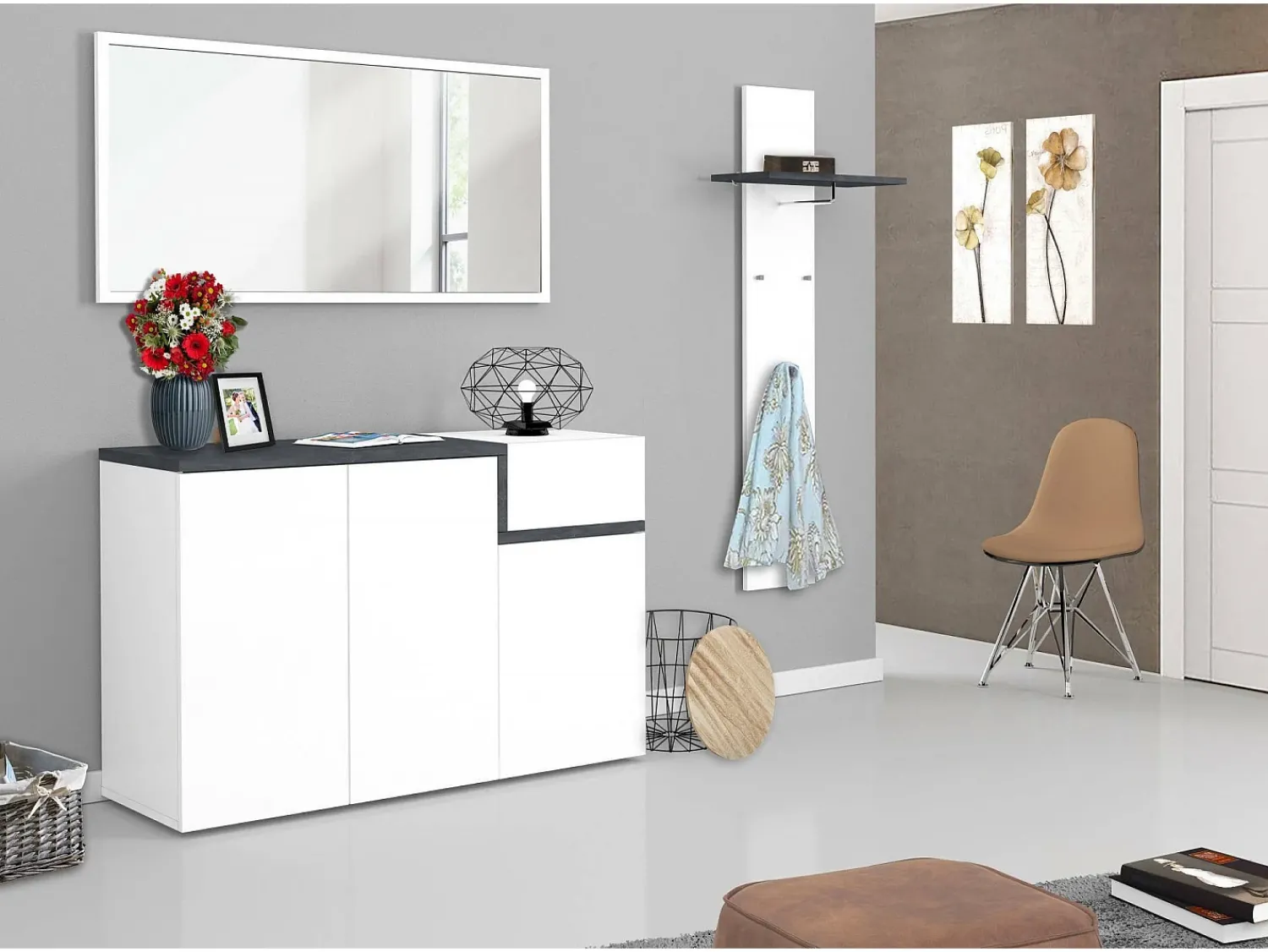 Móvel De Arrumação|Sapateira*Dmora Sapateira Dmessia, armário multiuso com 3 portas e 1 porta sanfonada, sapateira de entrada, 100% Fabricado na Itália, 120x40h80 cm, brilhante e ardósia Branco