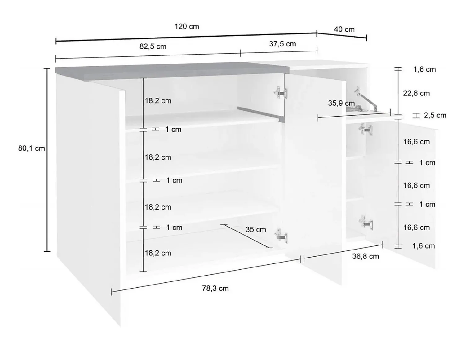 Móvel De Arrumação|Sapateira*Dmora Sapateira Dmessia, armário multiuso com 3 portas e 1 porta sanfonada, sapateira de entrada, 100% Fabricado na Itália, 120x40h80 cm, brilhante e ardósia Branco
