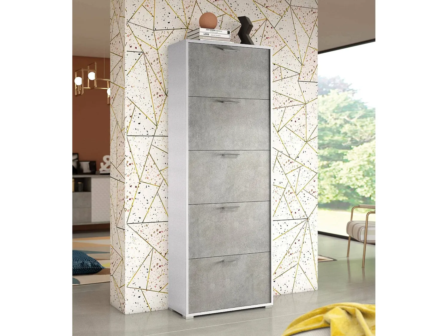 Móvel De Arrumação|Sapateira|Dmora Sapateira Dmiano, móvel de entrada multiuso com 5 portas sanfonadas, sapateira de dupla profundidade, 100% Fabricado na Itália, 67x28h183 cm, e Cimento Branco