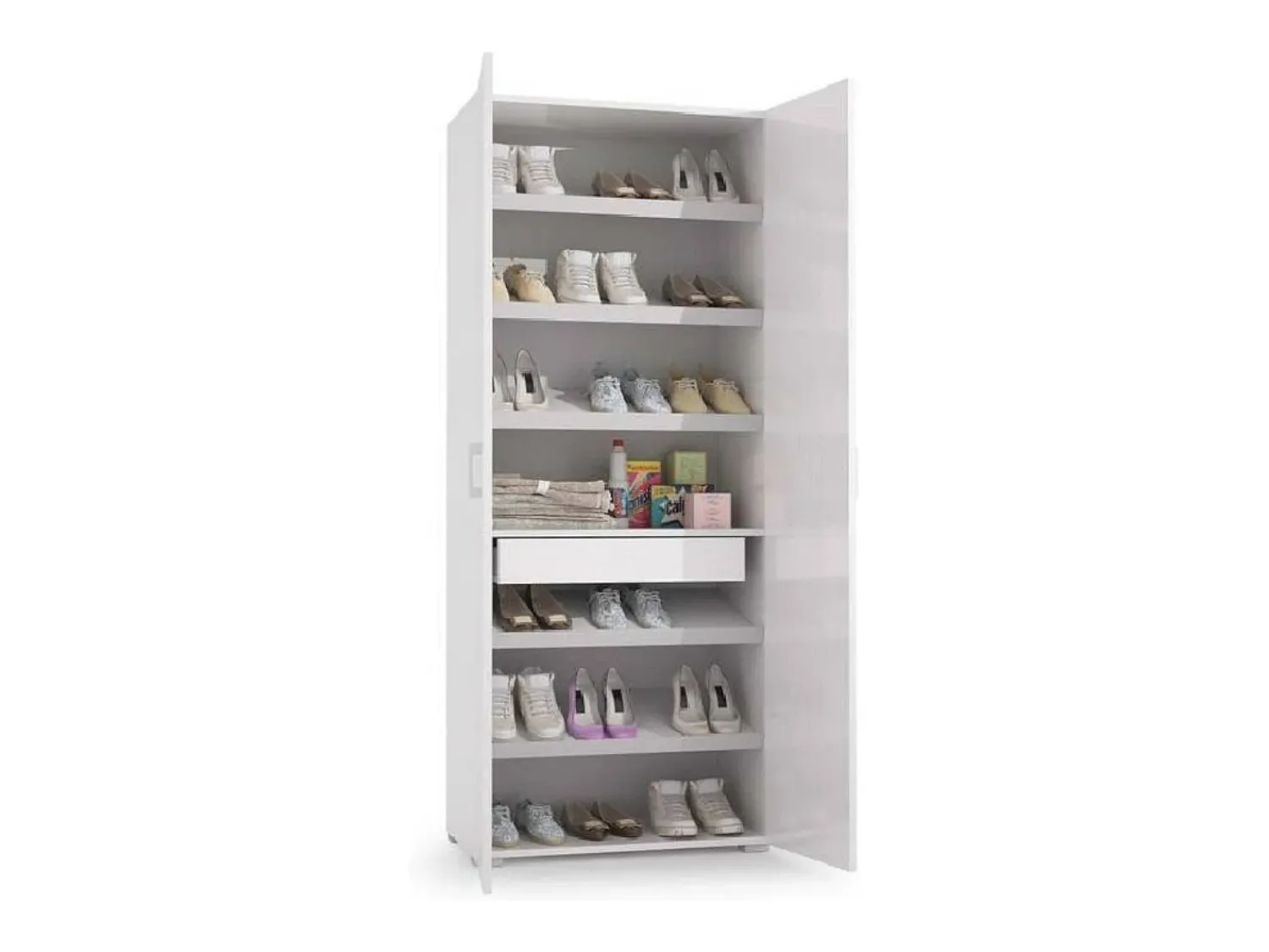 Móvel De Arrumação|Sapateira*Dmora Sapateira Dminiat, móvel de entrada multiuso com porta espelhada, sapateira moderna com 6 prateleiras, 100% Fabricado na Itália, 72x37h195 cm, e Cimento Branco