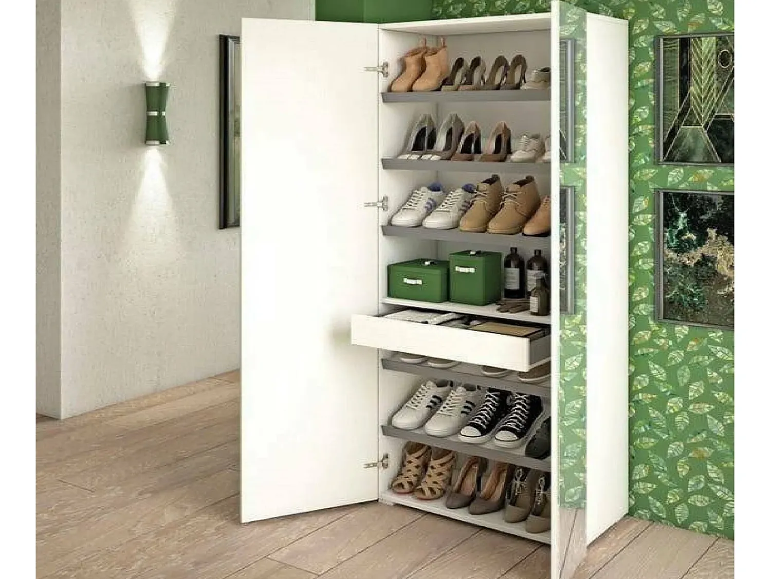 Móvel De Arrumação|Sapateira*Dmora Sapateira Dminiat, móvel de entrada multiuso com porta espelhada, sapateira moderna com 6 prateleiras, 100% Fabricado na Itália, 72x37h195 cm, e Cimento Branco