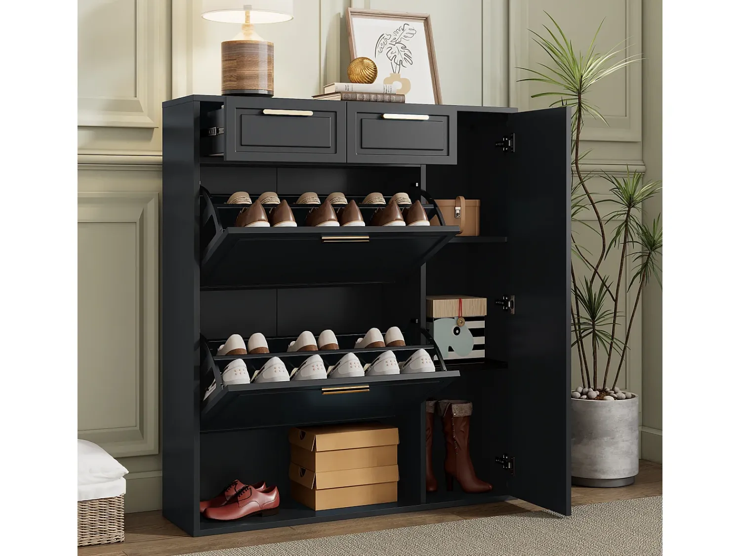 Móvel De Arrumação|Sapateira|Merax Sapateira dobrável - 95 x 24 x 107,5 cm - com prateleiras reguláveis + 2 gavetas + 1 porta - aglomerado + MDF + metal - Preto