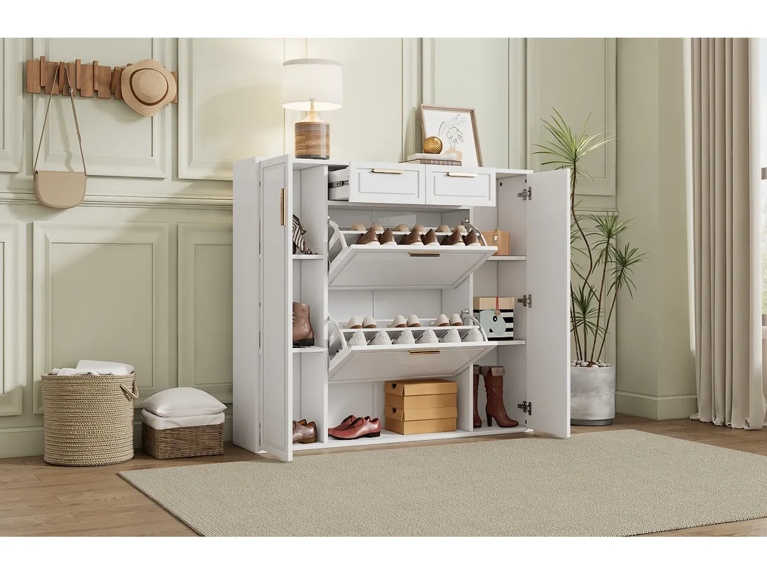 Merax Sapateira dobrável - 120 x 24 x 107 cm - com 2 gavetas + 2 portas + prateleiras reguláveis - MDF + metal -^ Móvel De Arrumação|Sapateira