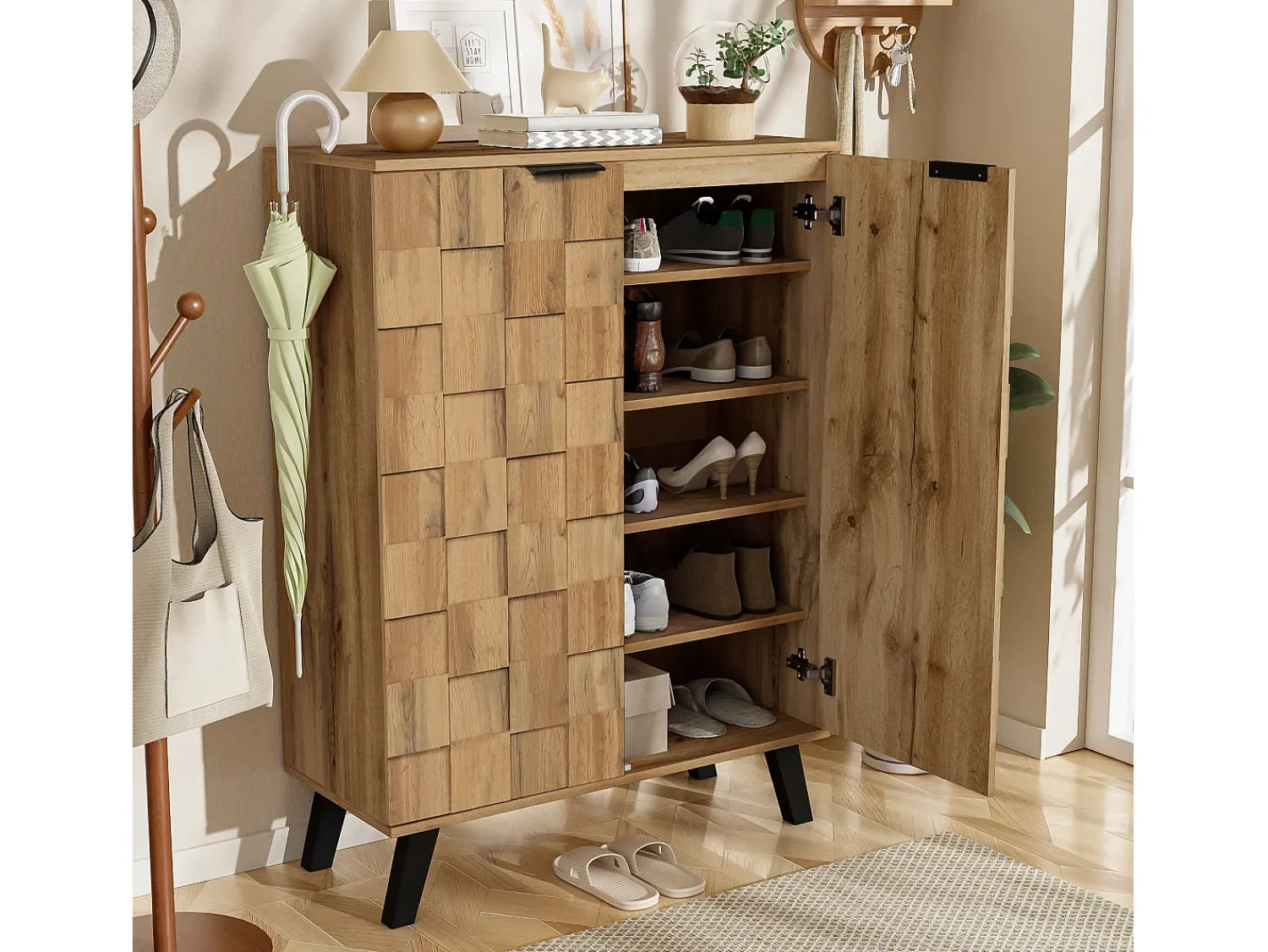 Móvel De Arrumação|Sapateira*Hauss Spole Sapateira em madeira, 5 níveis, prateleiras ajustáveis, armário de corredor 80,5 x 35 x 109,5 cm Natural claro