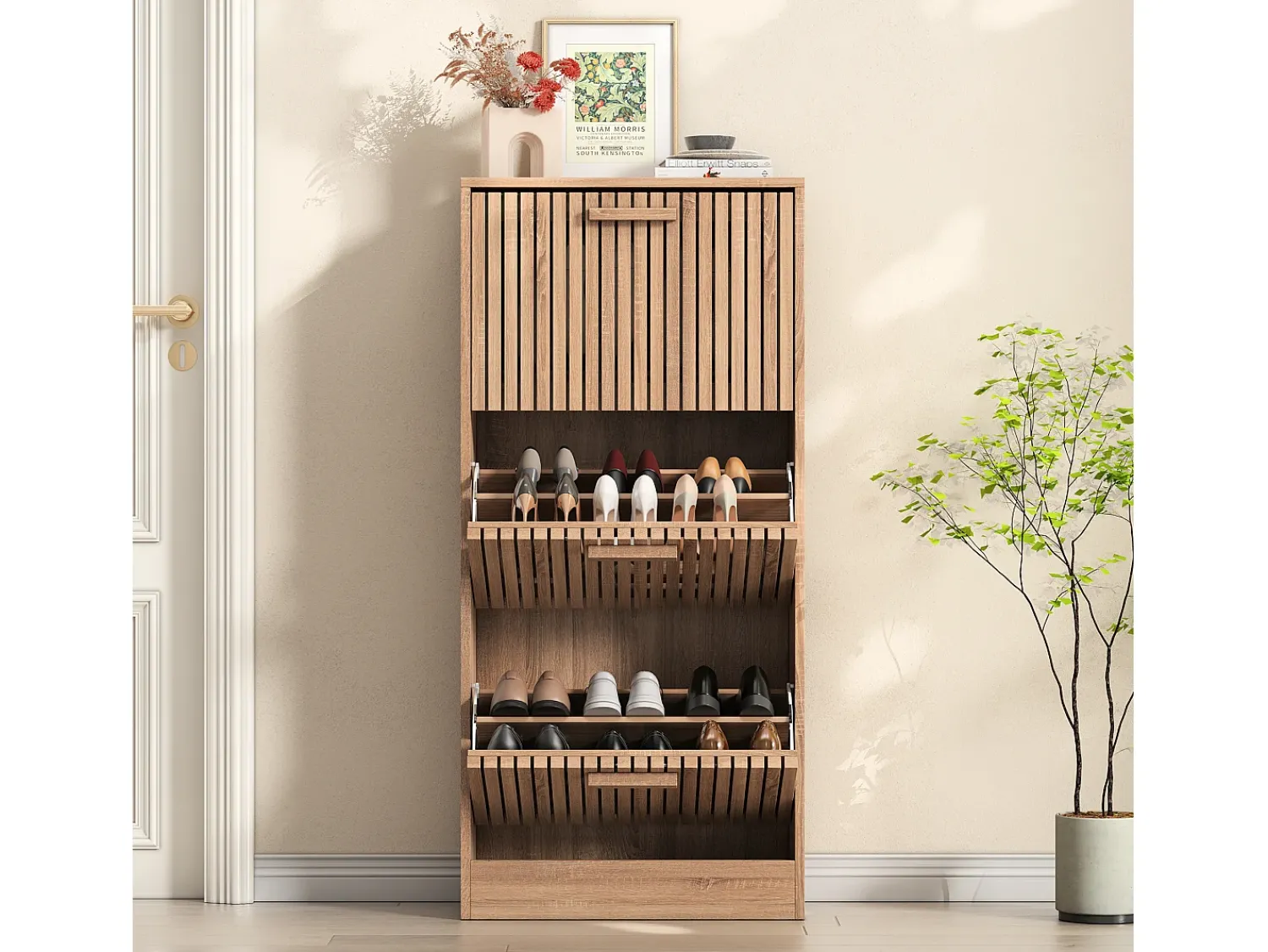 Móvel De Arrumação|Sapateira| Sapateira em Madeira com Design Moderno 3 Gavetas Basculantes 113x60x24 cm – Estrutura Robusta e Painel Respirável Natural claro