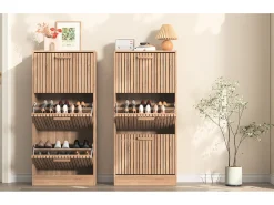 Móvel De Arrumação|Sapateira| Sapateira em Madeira com Design Moderno 3 Gavetas Basculantes 113x60x24 cm – Estrutura Robusta e Painel Respirável Natural claro