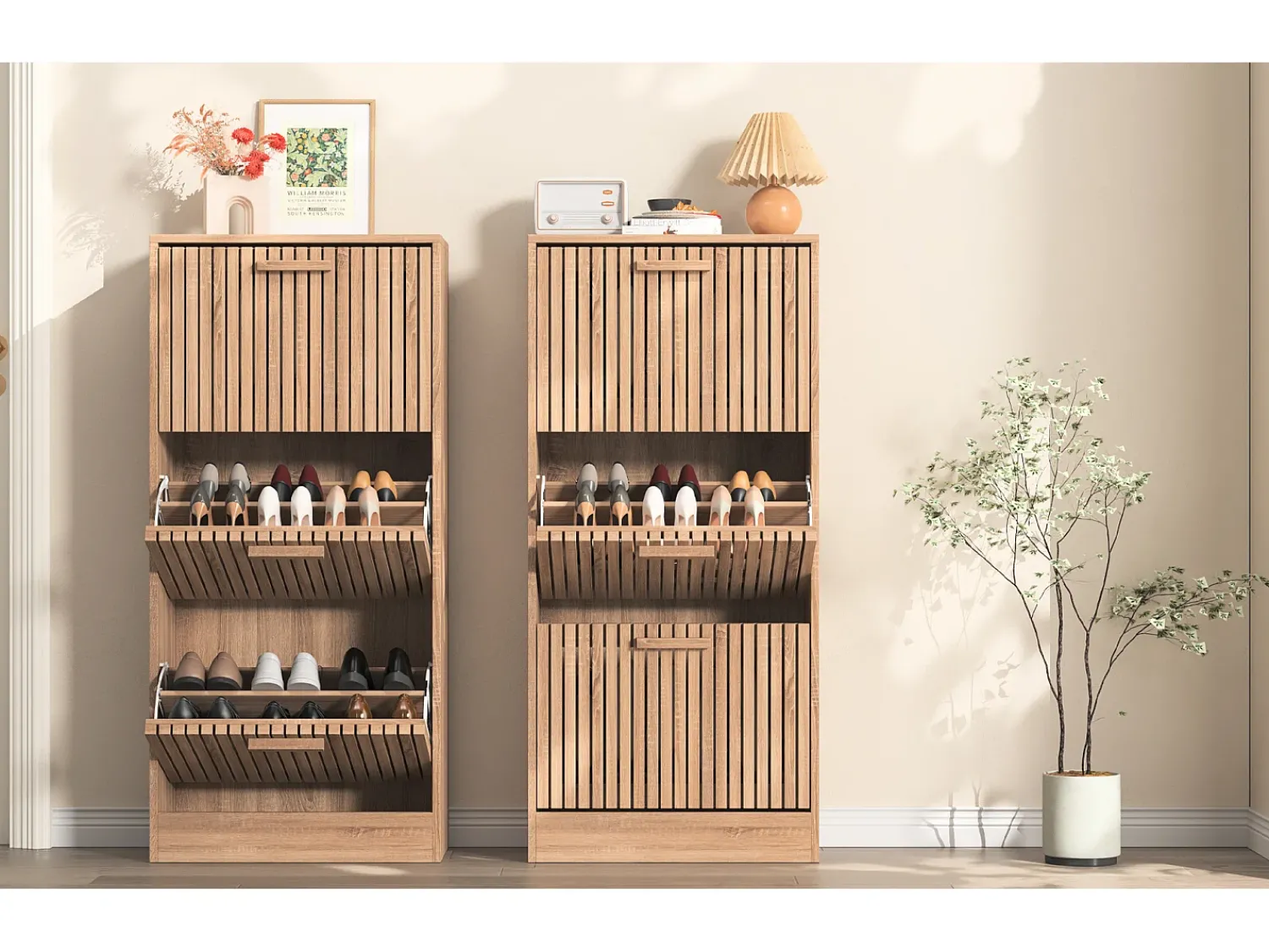 Móvel De Arrumação|Sapateira| Sapateira em Madeira com Design Moderno 3 Gavetas Basculantes 113x60x24 cm – Estrutura Robusta e Painel Respirável Natural claro