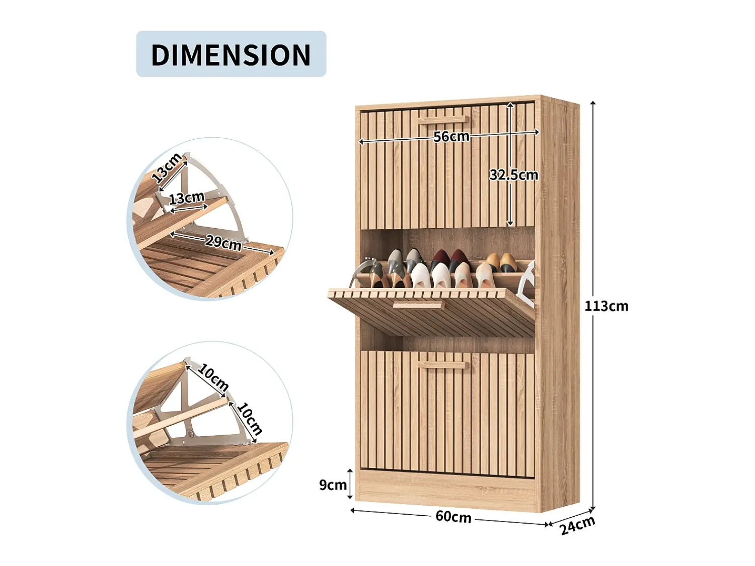 Móvel De Arrumação|Sapateira| Sapateira em Madeira com Design Moderno 3 Gavetas Basculantes 113x60x24 cm – Estrutura Robusta e Painel Respirável Natural claro