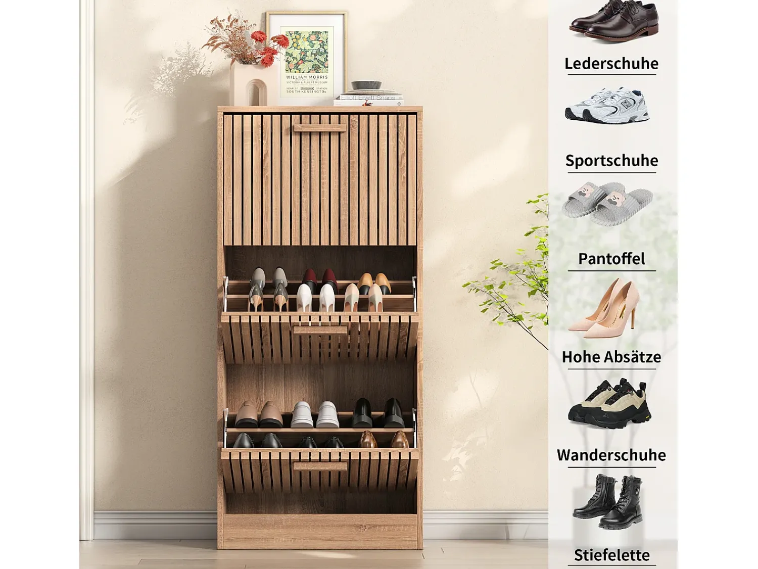 Móvel De Arrumação|Sapateira| Sapateira em Madeira com Design Moderno 3 Gavetas Basculantes 113x60x24 cm – Estrutura Robusta e Painel Respirável Natural claro
