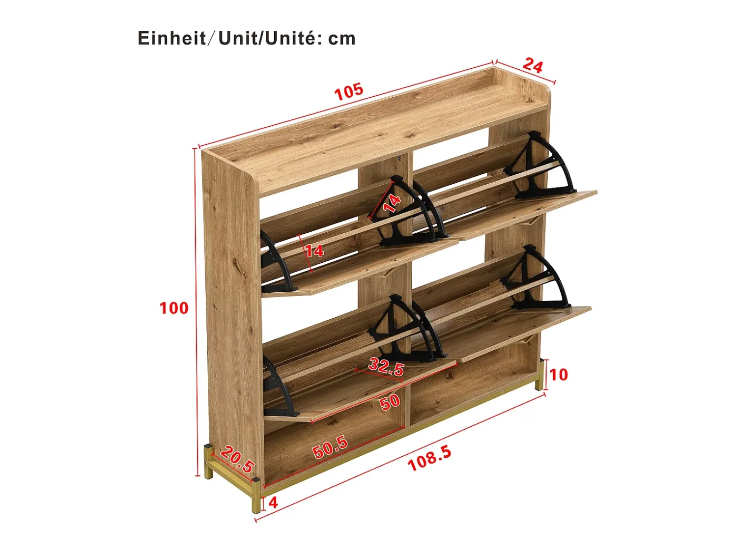 Móvel De Arrumação|Sapateira|Hauss Spole Sapateira em madeira com quatro gavetas suspensas, portas em verga, dimensões: 108,5 x 24 x 100 cm Natural claro