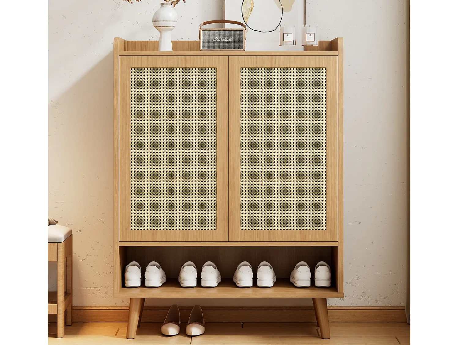 Móvel De Arrumação|Sapateira|Hauss Spole Sapateira em madeira com 2 portas em verga e várias prateleiras 80x35x105cm Natural claro