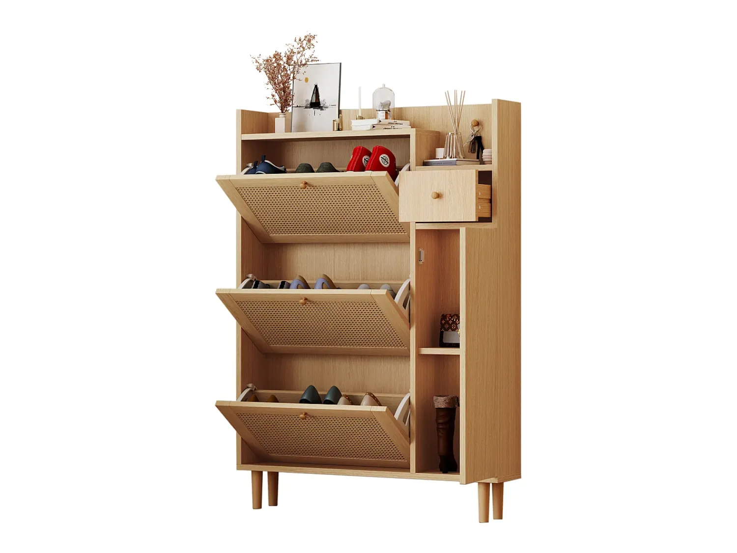 Hauss Spole Sapateira em madeira e rattan com 3 portas e 1 gaveta, 90 x 17 x 125 cm Natural^ Móvel De Arrumação|Sapateira