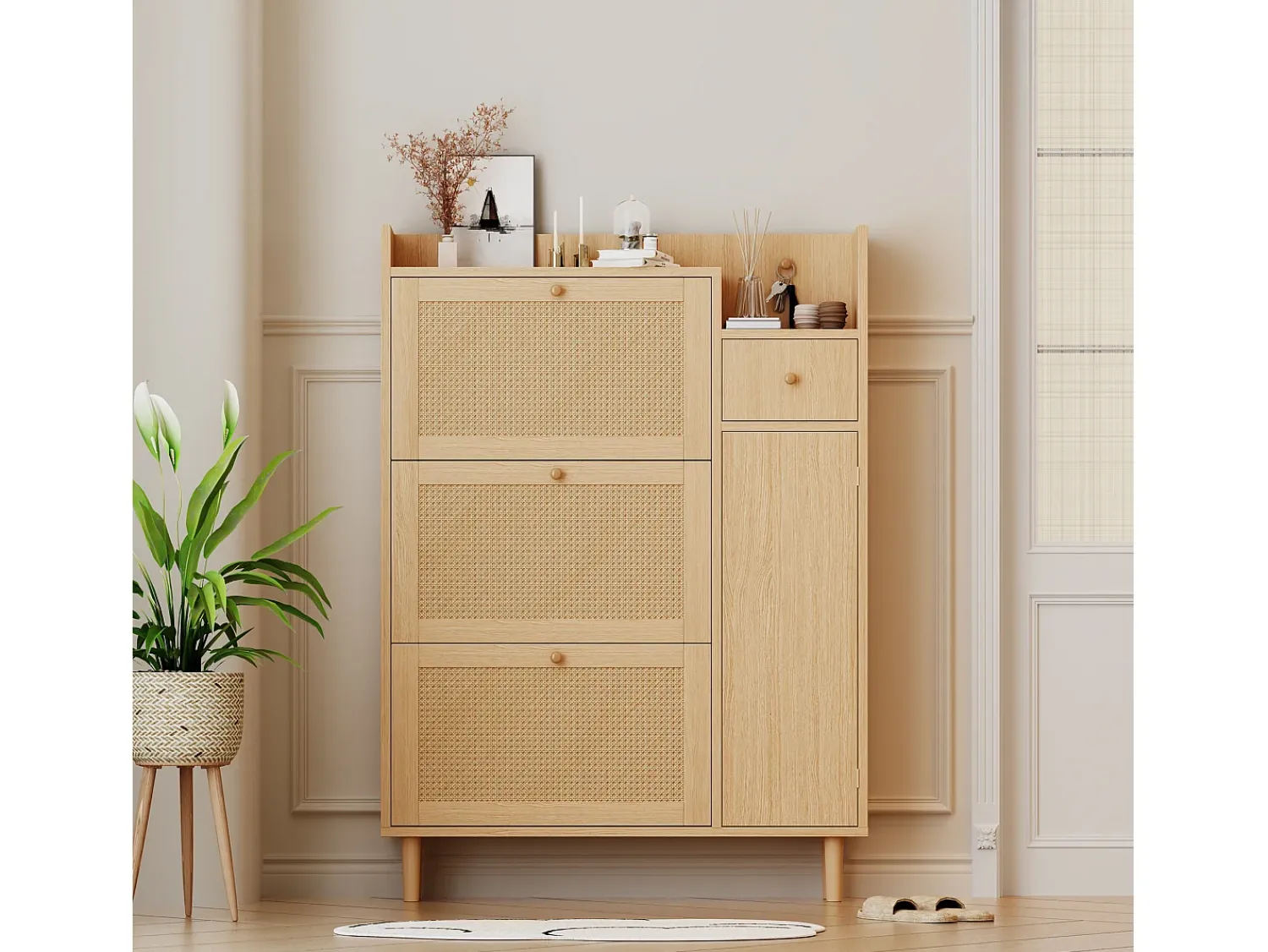 Hauss Spole Sapateira em madeira e rattan com 3 portas e 1 gaveta, 90 x 17 x 125 cm Natural^ Móvel De Arrumação|Sapateira