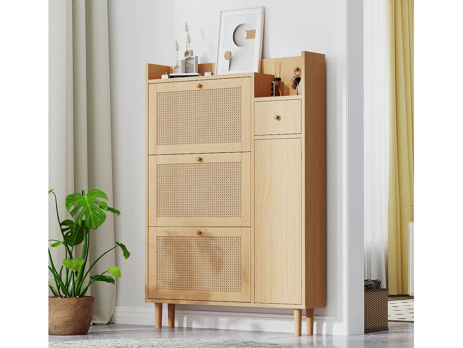 Hauss Spole Sapateira em madeira e rattan com 3 portas e 1 gaveta, 90 x 17 x 125 cm Natural^ Móvel De Arrumação|Sapateira