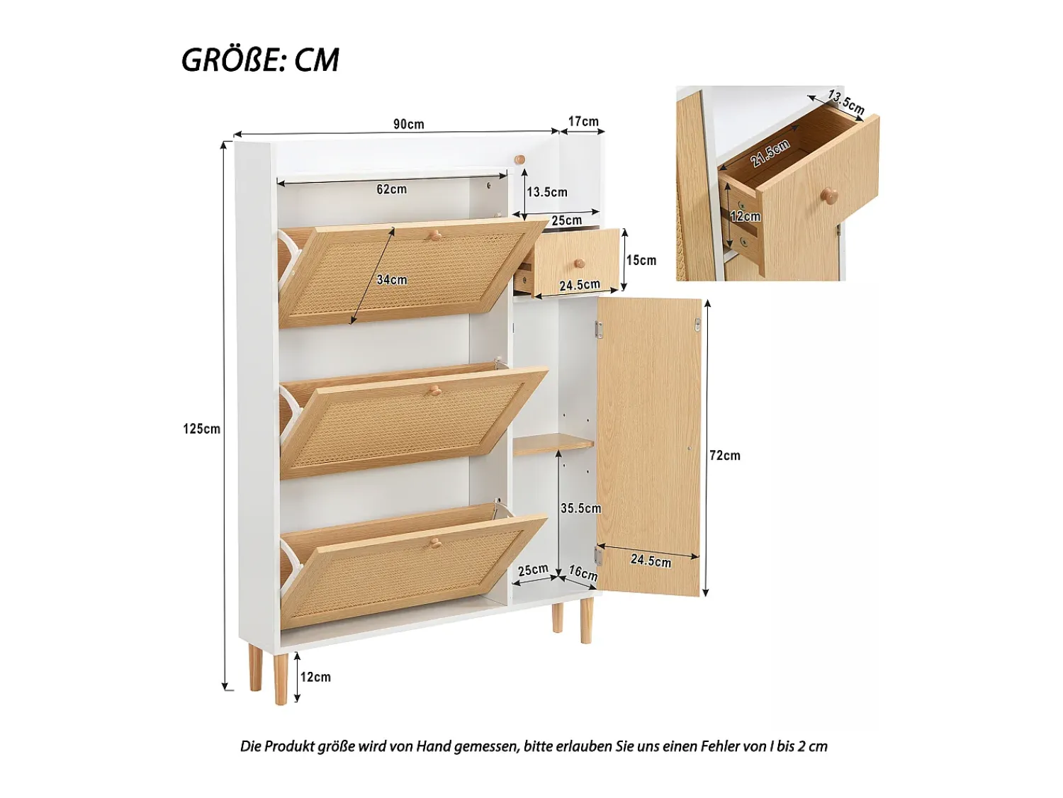 Móvel De Arrumação|Sapateira*Hauss Spole Sapateira em madeira e rattan, 3 portas e 1 gaveta, 90 x 17 x 125 cm, cor natural + branco Natural claro
