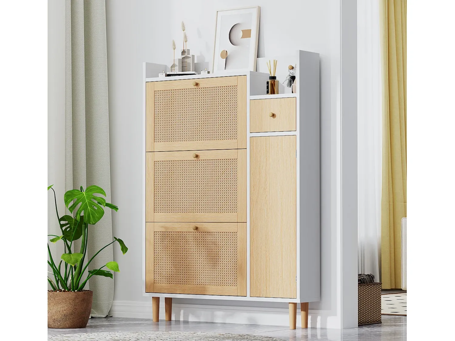 Móvel De Arrumação|Sapateira*Hauss Spole Sapateira em madeira e rattan, 3 portas e 1 gaveta, 90 x 17 x 125 cm, cor natural + branco Natural claro