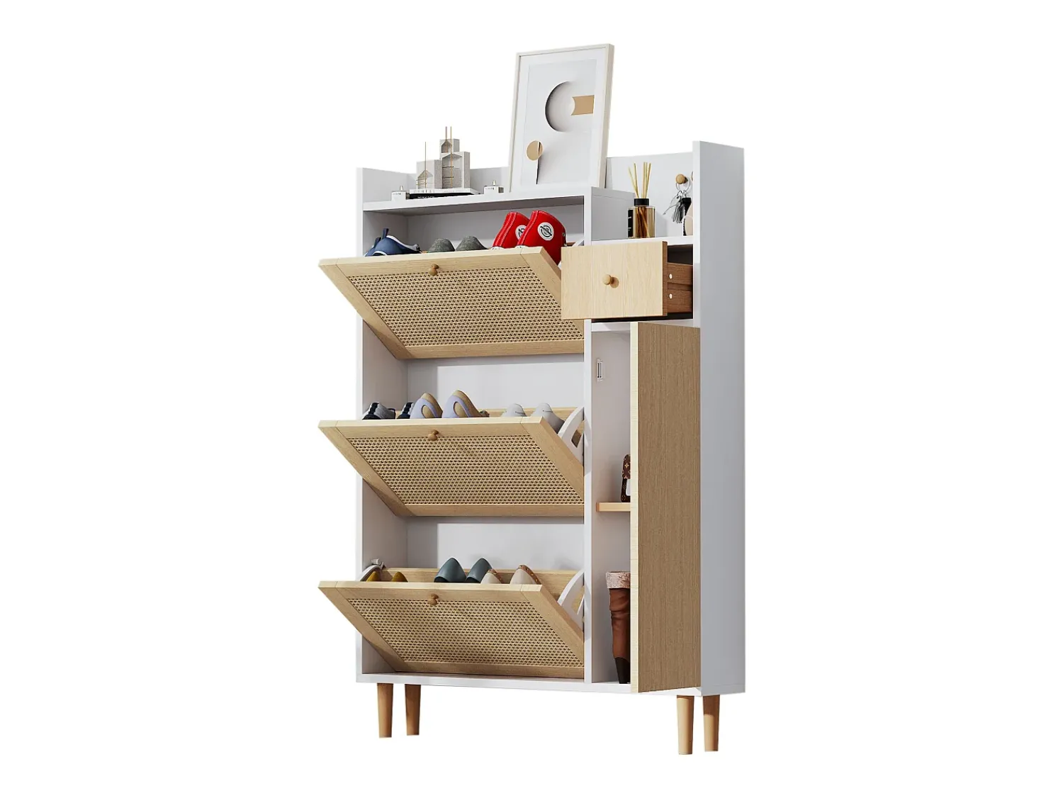 Móvel De Arrumação|Sapateira*Hauss Spole Sapateira em madeira e rattan, 3 portas e 1 gaveta, 90 x 17 x 125 cm, cor natural + branco Natural claro