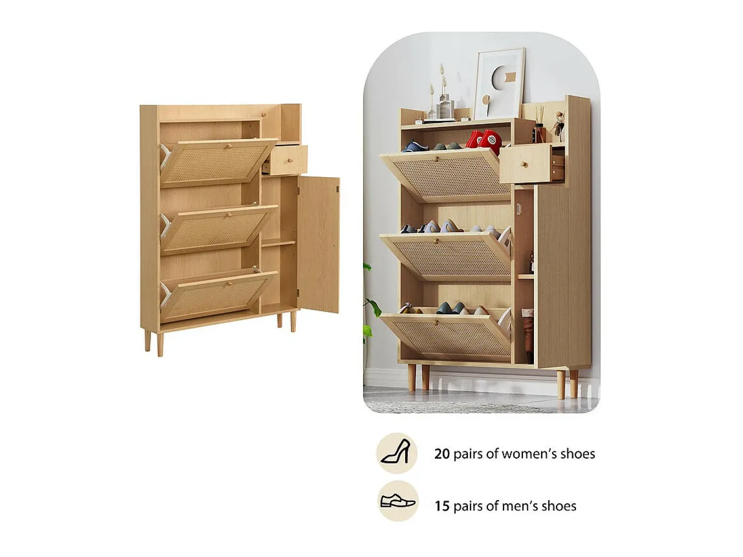 Móvel De Arrumação|Sapateira*ModernLuxe Sapateira em madeira e rattan - 3 portas de batente e 1 gaveta - prateleira ajustável - Natural Natural claro