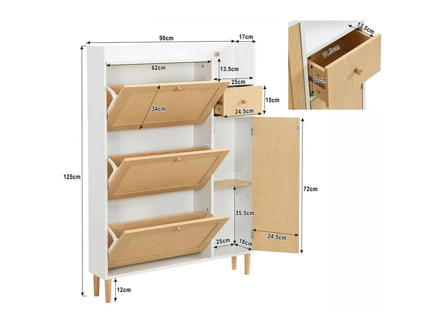 Móvel De Arrumação|Sapateira|ModernLuxe Sapateira em madeira e rattan - 3 portas de aba e 1 gaveta - prateleira ajustável - Natural & Branco Natural claro / Branco