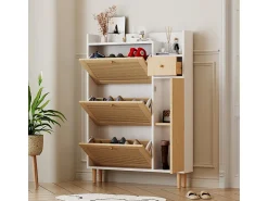 Móvel De Arrumação|Sapateira|ModernLuxe Sapateira em madeira e rattan - 3 portas de aba e 1 gaveta - prateleira ajustável - Natural & Branco Natural claro / Branco