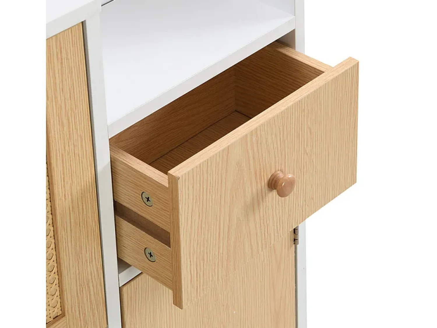 Móvel De Arrumação|Sapateira|ModernLuxe Sapateira em madeira e rattan - 3 portas de aba e 1 gaveta - prateleira ajustável - Natural & Branco Natural claro / Branco