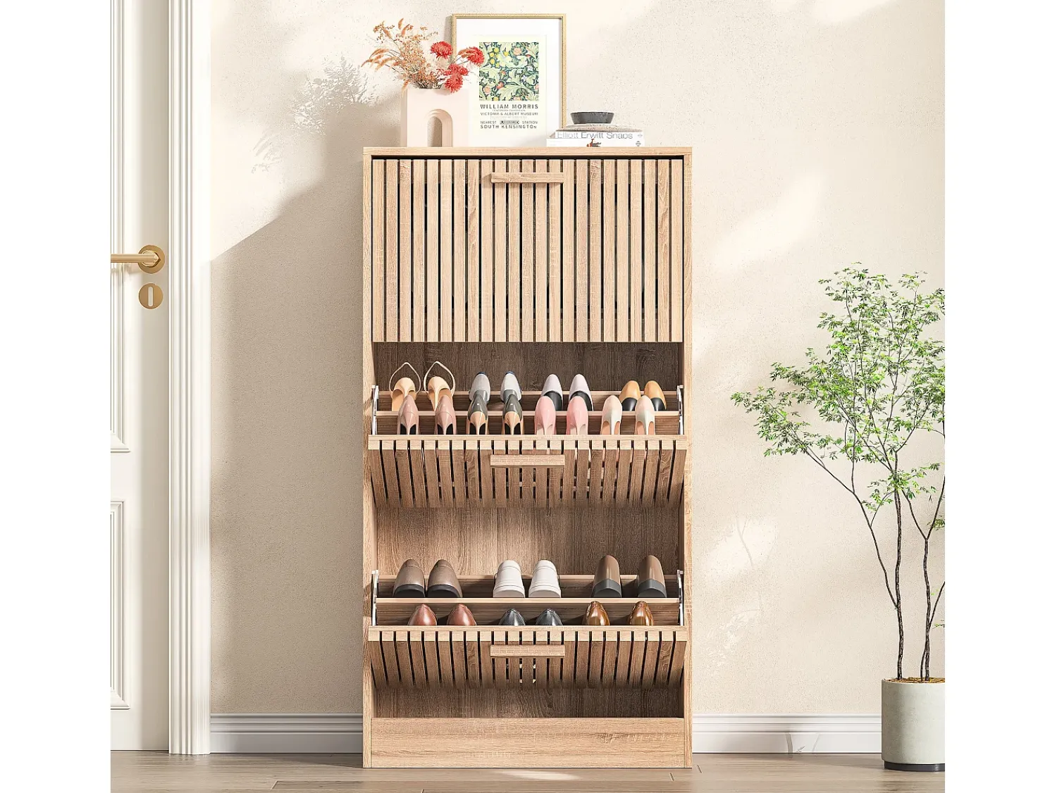 Móvel De Arrumação|Sapateira* Sapateira estreita com portas de correr, 113 x 60 x 24 cm, Sapateira estreita, madeira Natural claro