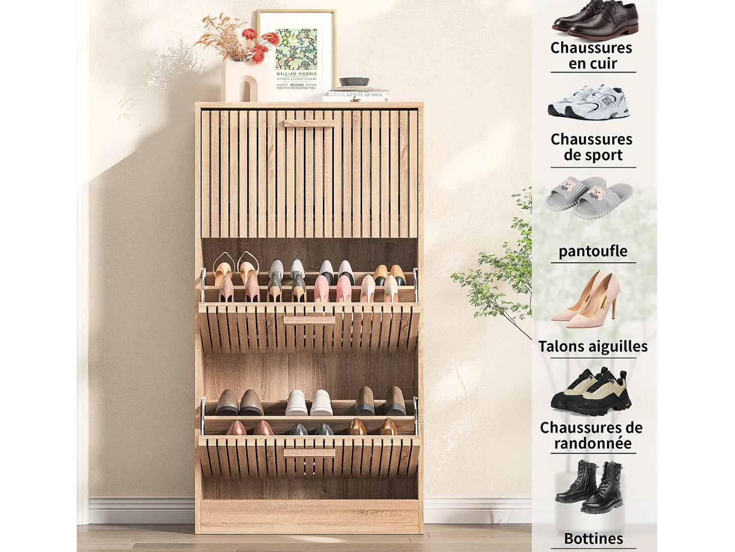 Móvel De Arrumação|Sapateira* Sapateira estreita com portas de correr, 113 x 60 x 24 cm, Sapateira estreita, madeira Natural claro