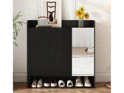 Merax Sapateira listrada vertical - 110 x 35,5 x 110 cm - com espelho + 2 portas + prateleira - MDF + aglomerado - preta^ Móvel De Arrumação|Sapateira