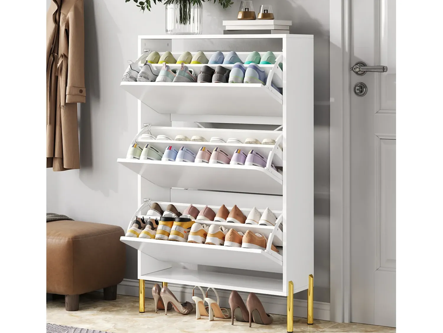 Outlet Merax Sapateira minimalista moderna - 73 x 24 x 120 cm - com 3 portas - pés dourados - MDF - branca Branco