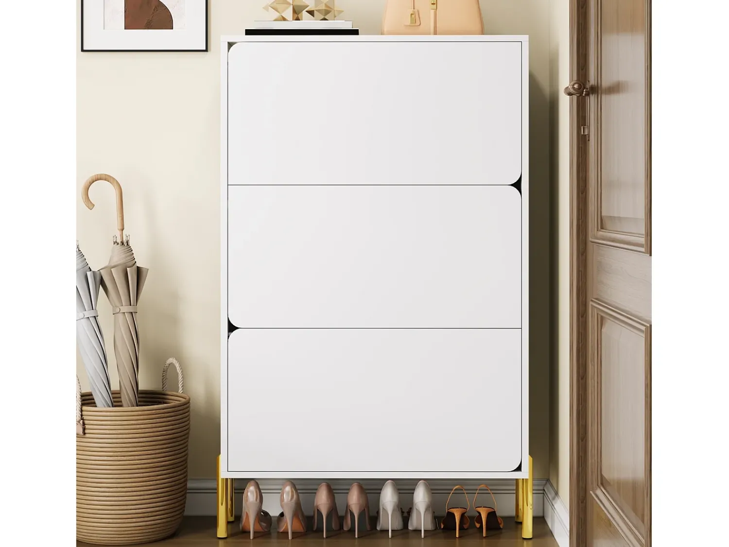 Outlet Merax Sapateira minimalista moderna - 73 x 24 x 120 cm - com 3 portas - pés dourados - MDF - branca Branco