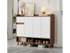 Merax Sapateira moderna - 120 x 35 x 99 cm - com 4 portas + 1 gaveta + prateleira ajustável - aglomerado - natural + branco^ Móvel De Arrumação|Sapateira