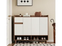 Merax Sapateira moderna - 120 x 35 x 99 cm - com 4 portas + 1 gaveta + prateleira ajustável - aglomerado - natural + branco^ Móvel De Arrumação|Sapateira