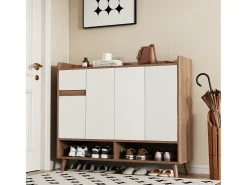 Merax Sapateira moderna - 120 x 35 x 99 cm - com 4 portas + 1 gaveta + prateleira ajustável - aglomerado - natural + branco^ Móvel De Arrumação|Sapateira