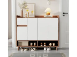 Merax Sapateira moderna - 120 x 35 x 99 cm - com 4 portas + 1 gaveta + prateleira ajustável - aglomerado - natural + branco^ Móvel De Arrumação|Sapateira