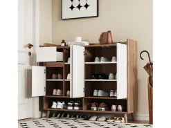 Merax Sapateira moderna - 120 x 35 x 99 cm - com 4 portas + 1 gaveta + prateleira ajustável - aglomerado - natural + branco^ Móvel De Arrumação|Sapateira